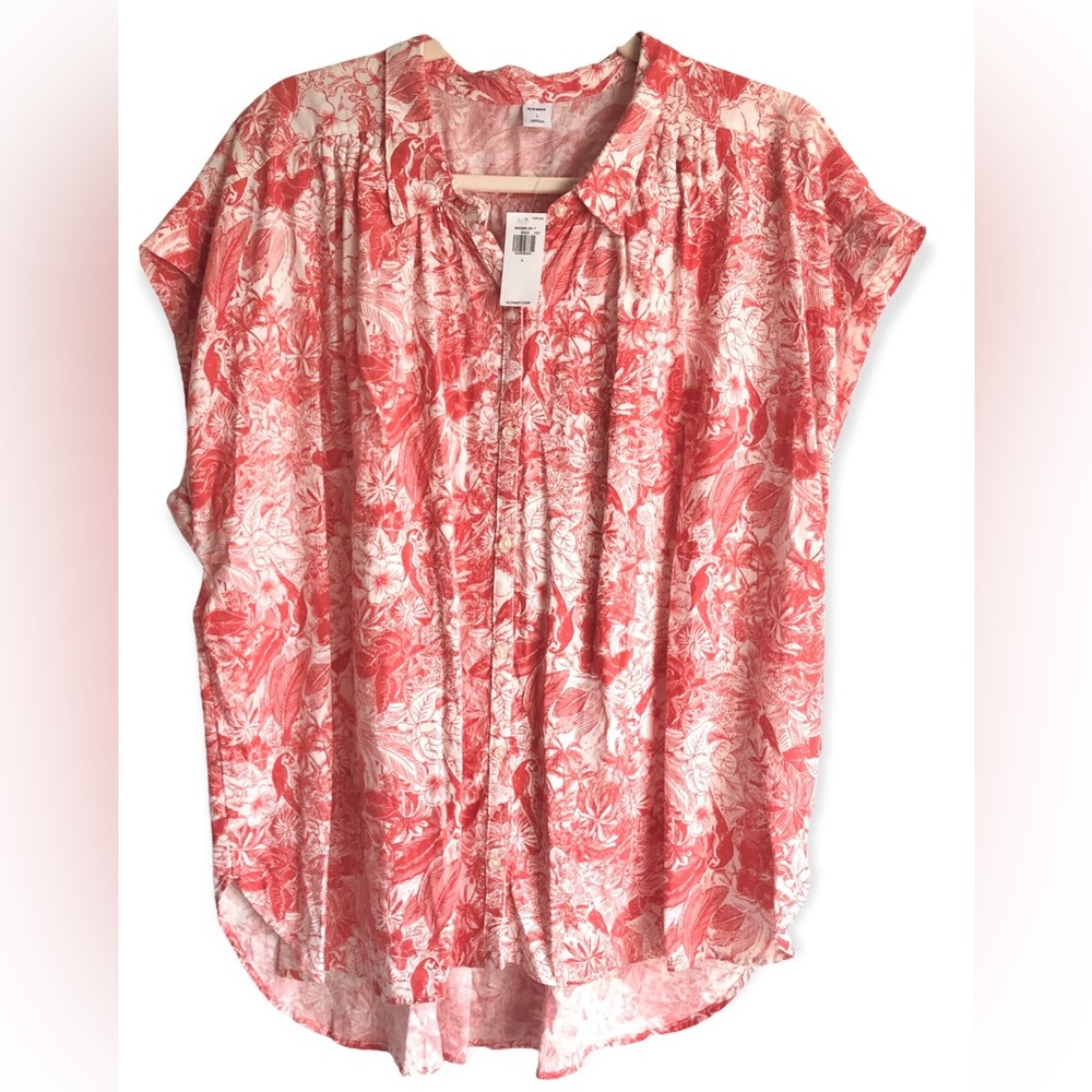 NWT Linen Blend Relaxed Fit Button Down Top Red/Coral Tropical Print sz Large